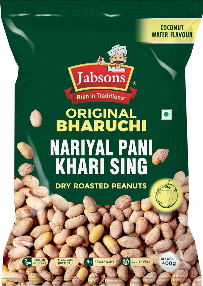 Jabsons Original Bharuchi Nariyal Pani Khari Sing, Coconut Water Flavoured Dry Roasted Peanuts, Gluten Free, 400g - Image 1